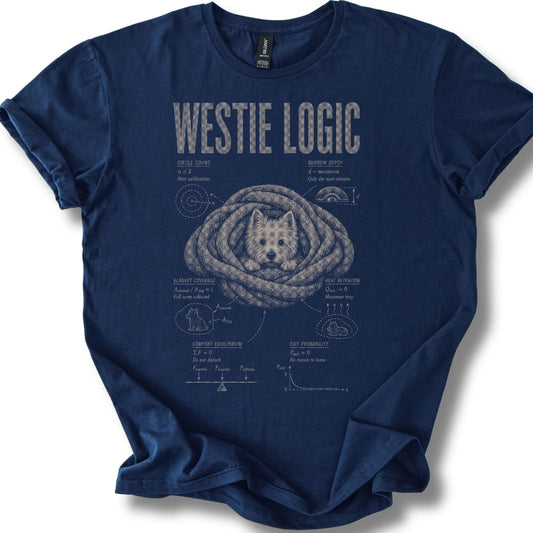 Westie Logic on a Navy T-shirt, shown flat