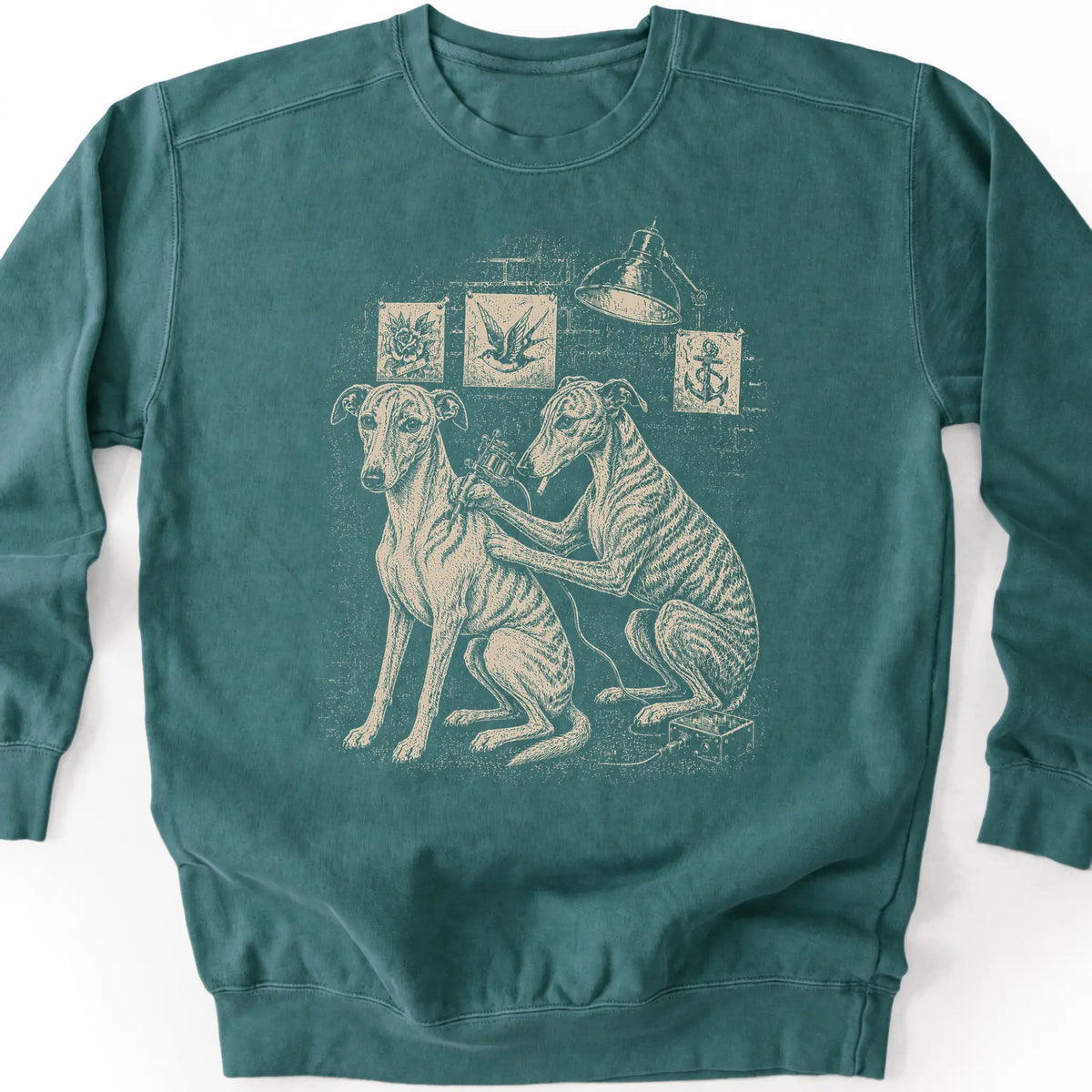 Whippet Tattoo on a Blue Spruce crewneck sweatshirt, shown flat