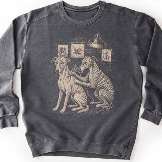 Whippet Tattoo on a Pepper crewneck sweatshirt, shown flat