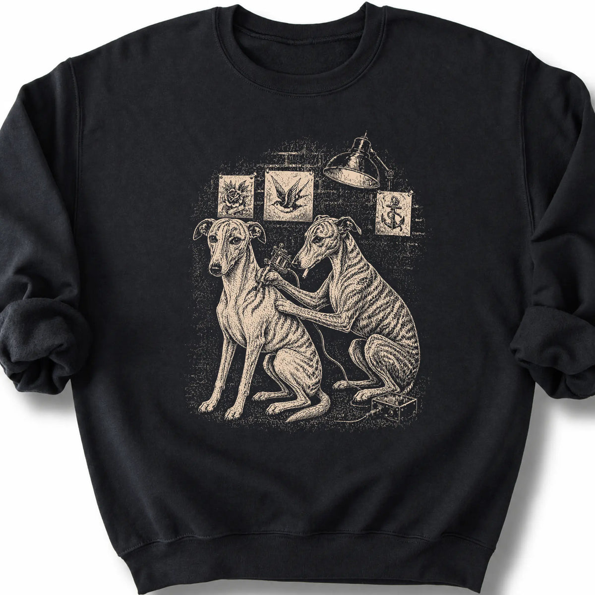Whippet Tattoo on a Black crewneck sweatshirt, shown flat