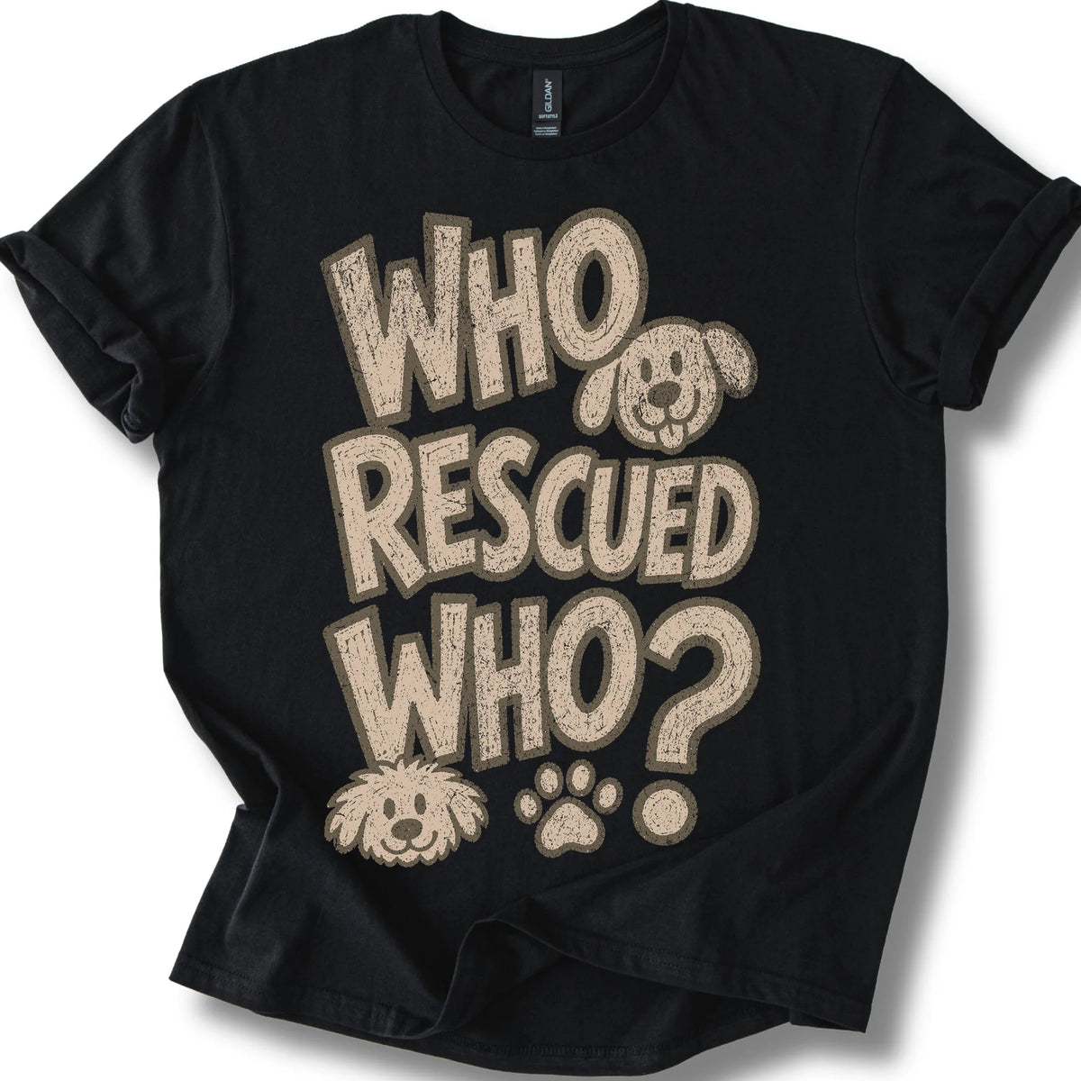 Who Rescued Who on a Black T-shirt, shown flat
