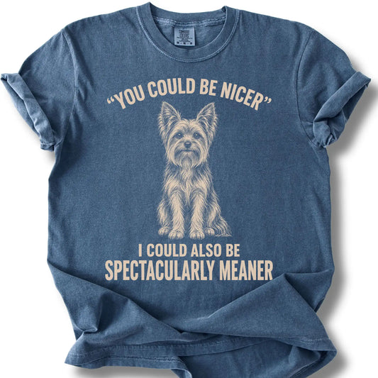 Yorkie Guard Dog design on a Denim Comfort Colors T-shirt, shown flat