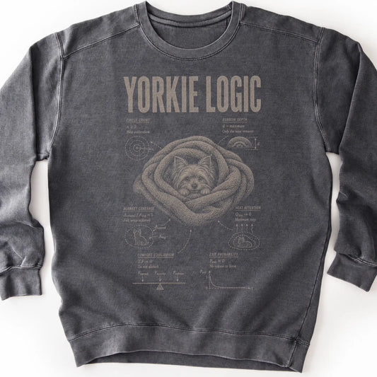 Yorkie Logic on a Pepper crewneck sweatshirt, shown flat