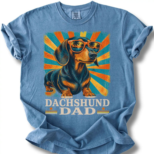 Dachshund Dad T-shirt in Blue Jean — flat lay