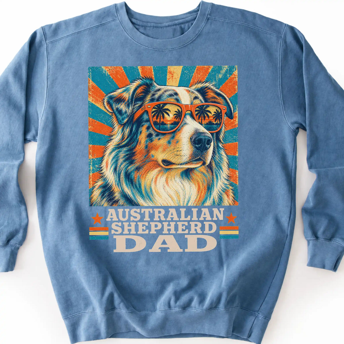 Australian Shepherd Dad sweatshirt in Blue Jean — flat lay