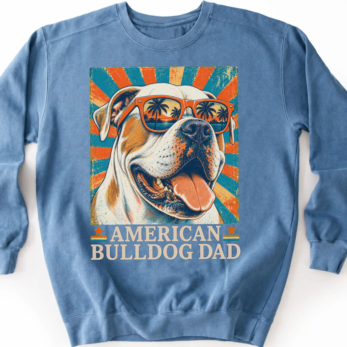 American Bulldog Dad sweatshirt in Blue Jean — flat lay
