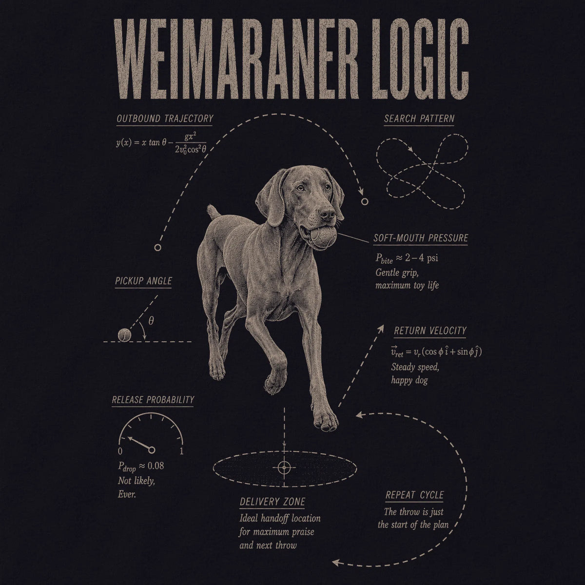 Black Weimaraner Ball Logic T-Shirt design detail