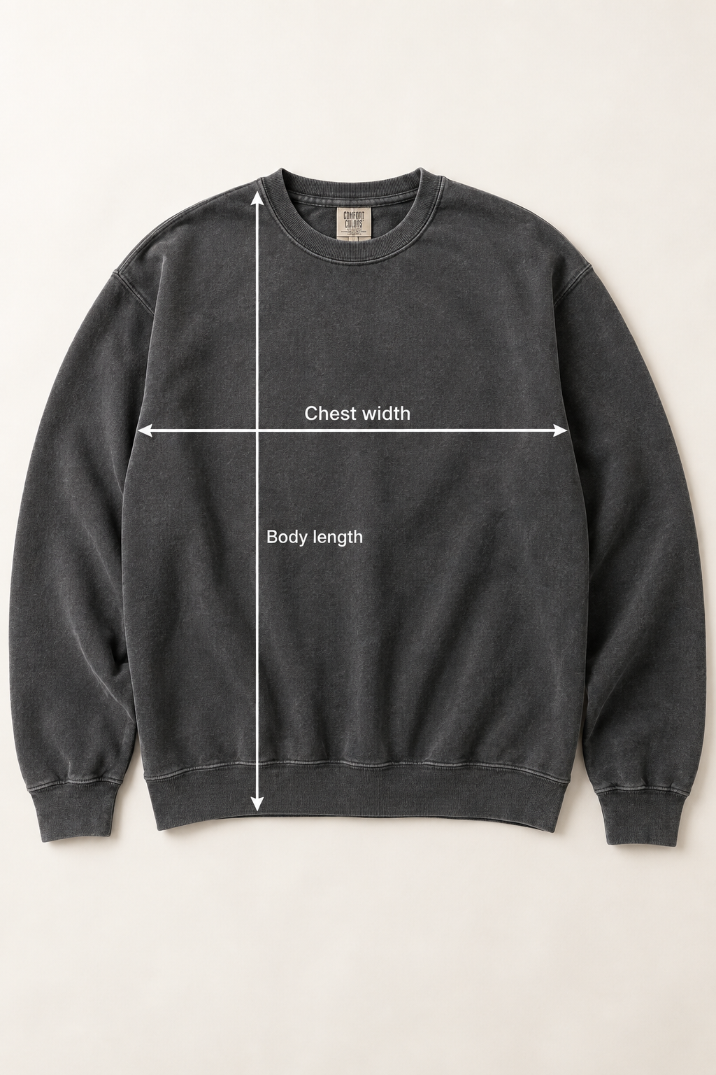Comfort Colors® Sweatshirt. Garment laid flat showing where to measure chest width and body length