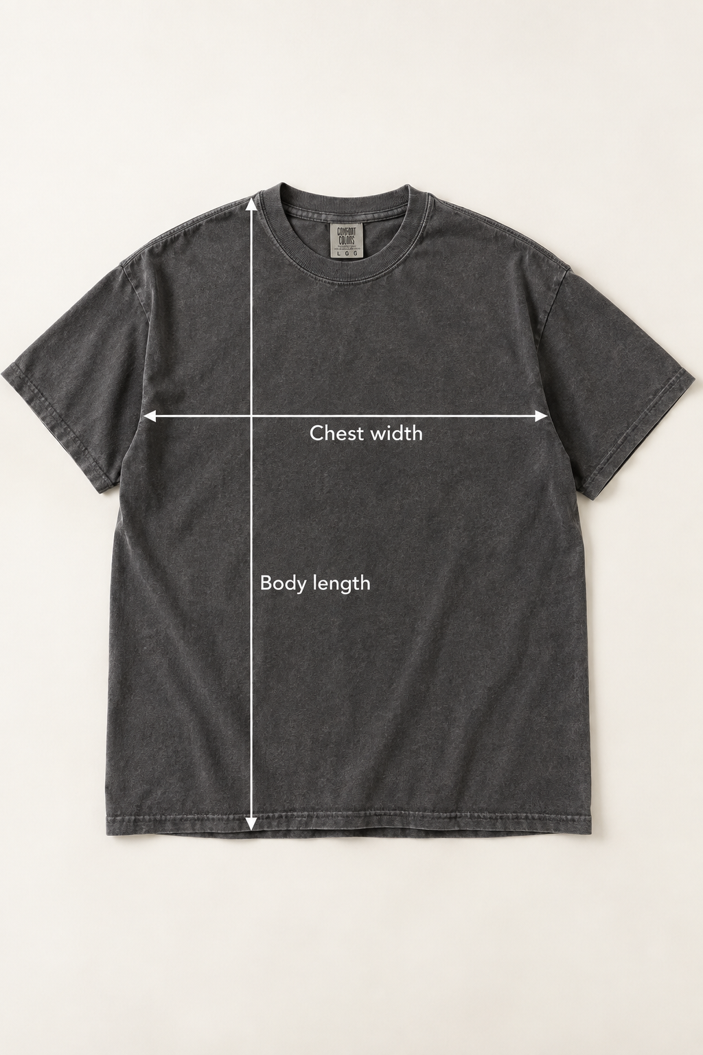 Comfort Colors® T-Shirt. Garment laid flat showing where to measure chest width and body length