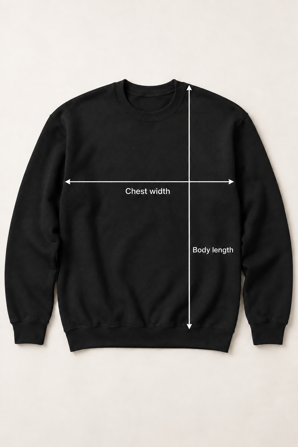 Crewneck Sweatshirt. Garment laid flat showing where to measure chest width and body length